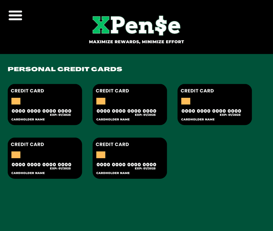 XPen$e wallet app — personal credit cards screen